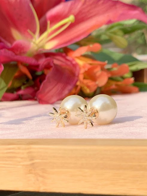 Semijoia - Brinco Pérola e Estrela 8 Pontas com Cristais - Ouro 18k Dourado 5