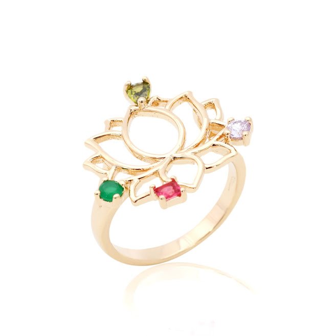 Semijoia - Anel Flor de Lótus e Cristais - Ouro 18k Dourado 2