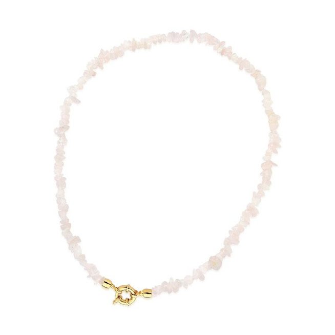 Semijoia - Colar Cristais Naturais Quartzo Rosa com Medalha Árvore da Vida com Cristal Opalina - Ouro 18k