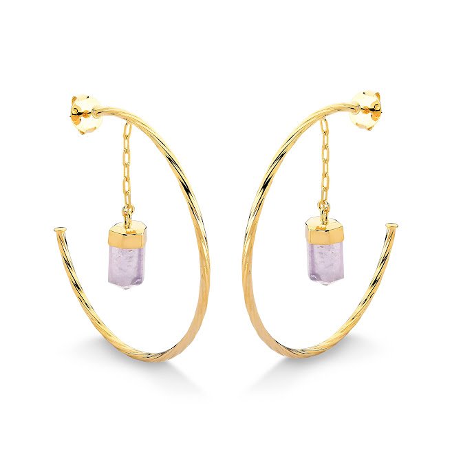 Semijoia - Brinco Argola com Pedra Natural Ametista - Ouro 18k
