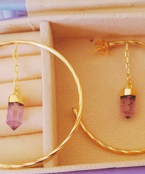 Semijoia - Brinco Argola com Pedra Natural Ametista - Ouro 18k Dourado 2