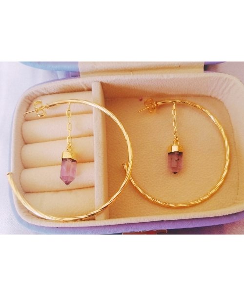 Semijoia - Brinco Argola com Pedra Natural Ametista - Ouro 18k Dourado 3