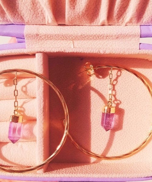 Semijoia - Brinco Argola com Pedra Natural Ametista - Ouro 18k Dourado 4