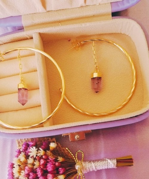 Semijoia - Brinco Argola com Pedra Natural Ametista - Ouro 18k Dourado 6