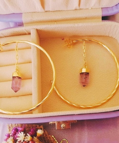 Semijoia - Brinco Argola com Pedra Natural Ametista - Ouro 18k Dourado 8