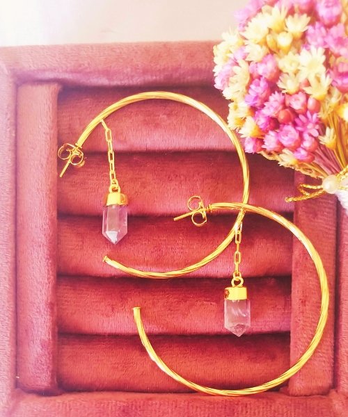 Semijoia - Brinco Argola com Pedra Natural Ametista - Ouro 18k Dourado 10