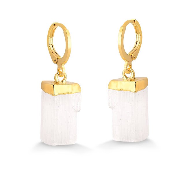 Semijoia - Brinco Cristal Selenita Natural - Ouro 18k