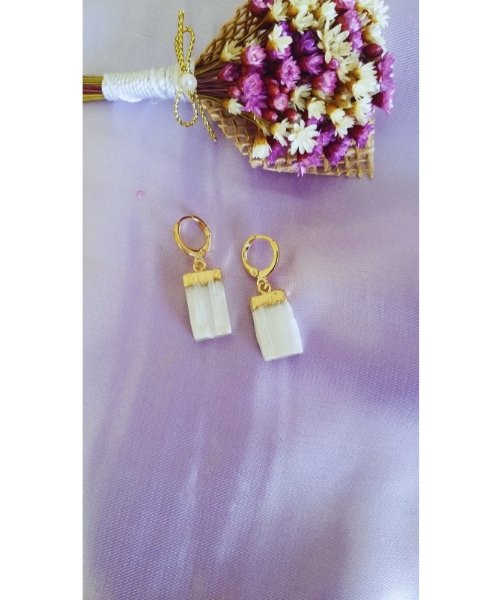 Semijoia - Brinco Cristal Selenita Natural - Ouro 18k Dourado 2