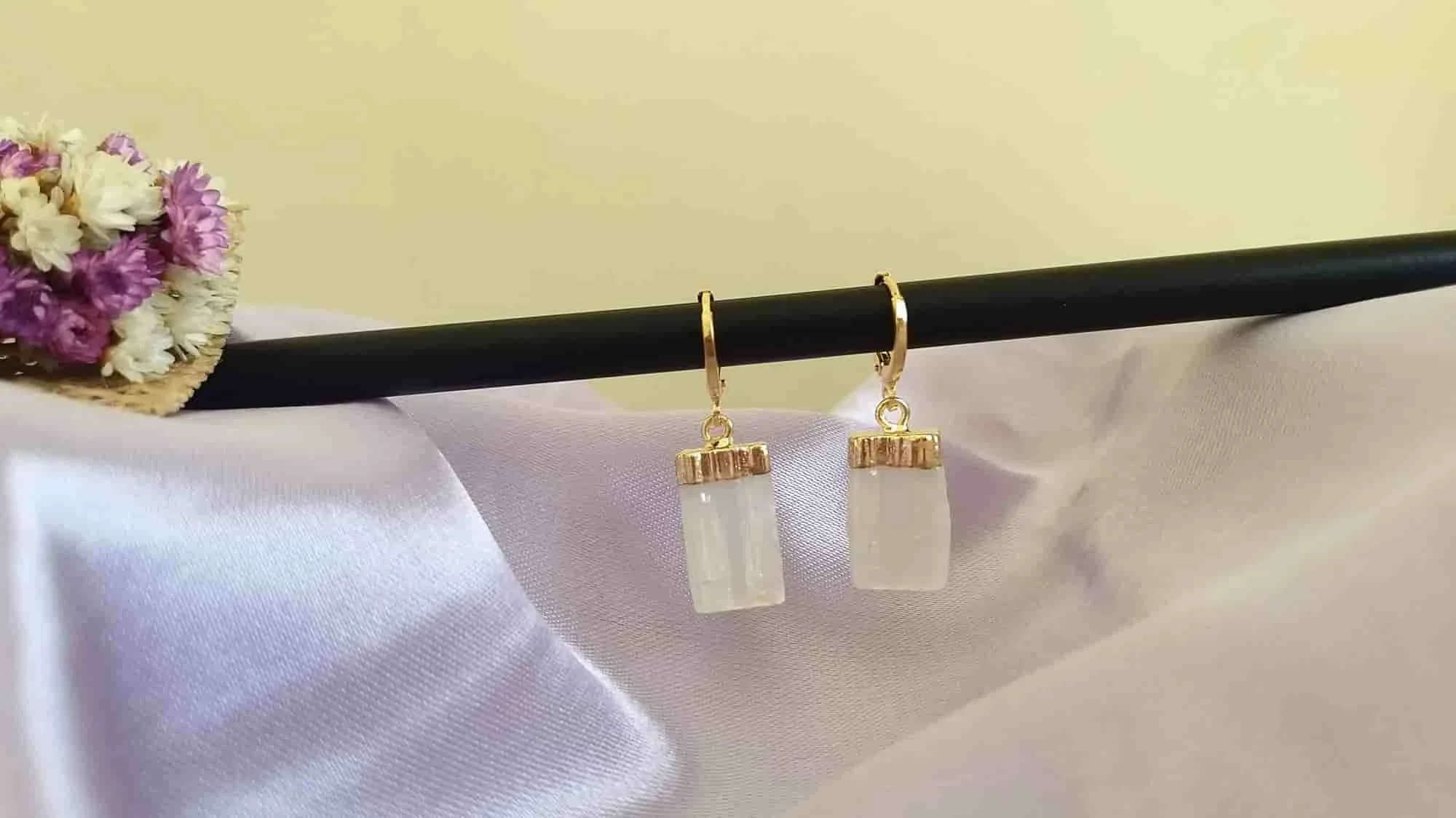 Semijoia - Brinco Cristal Selenita Natural - Ouro 18k Dourado 4