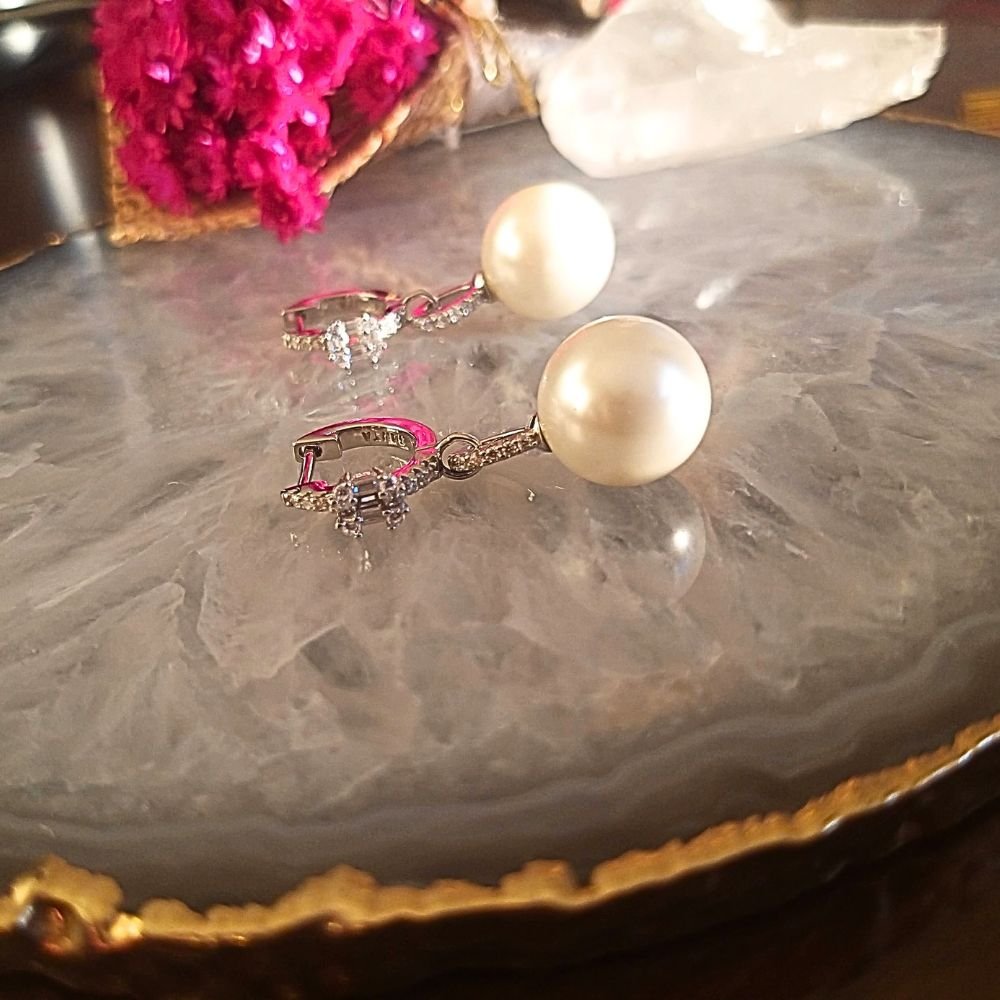 Joia - Brinco Pérola com Cristais - Prata 925 e Banho em Ródio Branco Prata 8