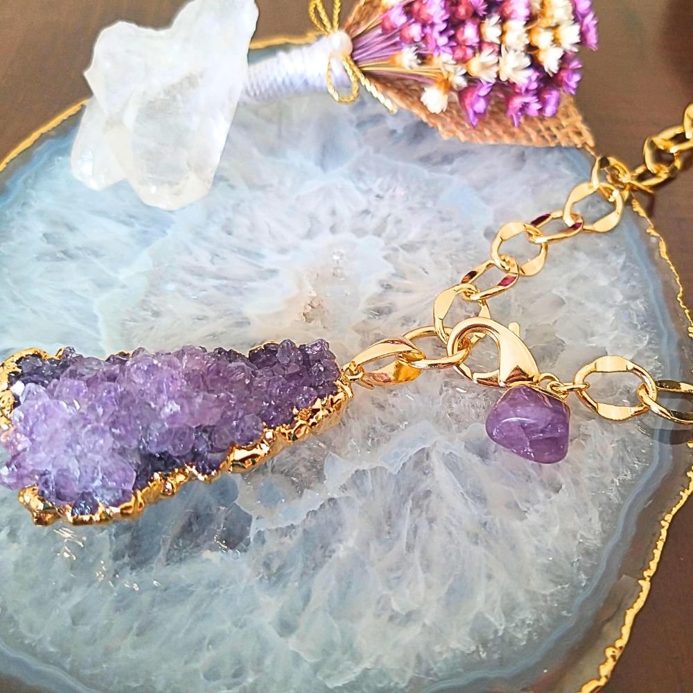 Semijoia - Colar Drusa Natural Ametista e Mini Ametista Rolada - Ouro 18k Dourado 2