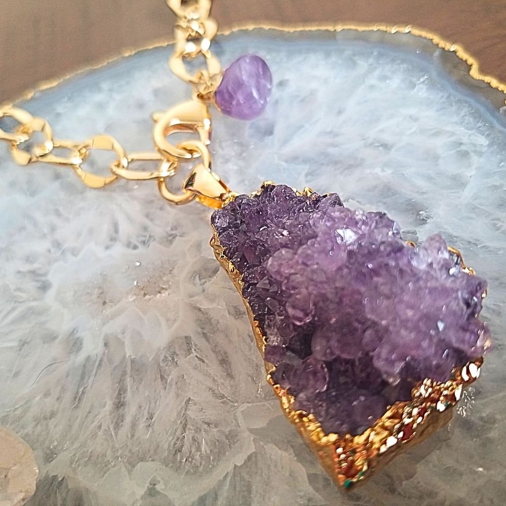 Semijoia - Colar Drusa Natural Ametista e Mini Ametista Rolada - Ouro 18k Dourado 3