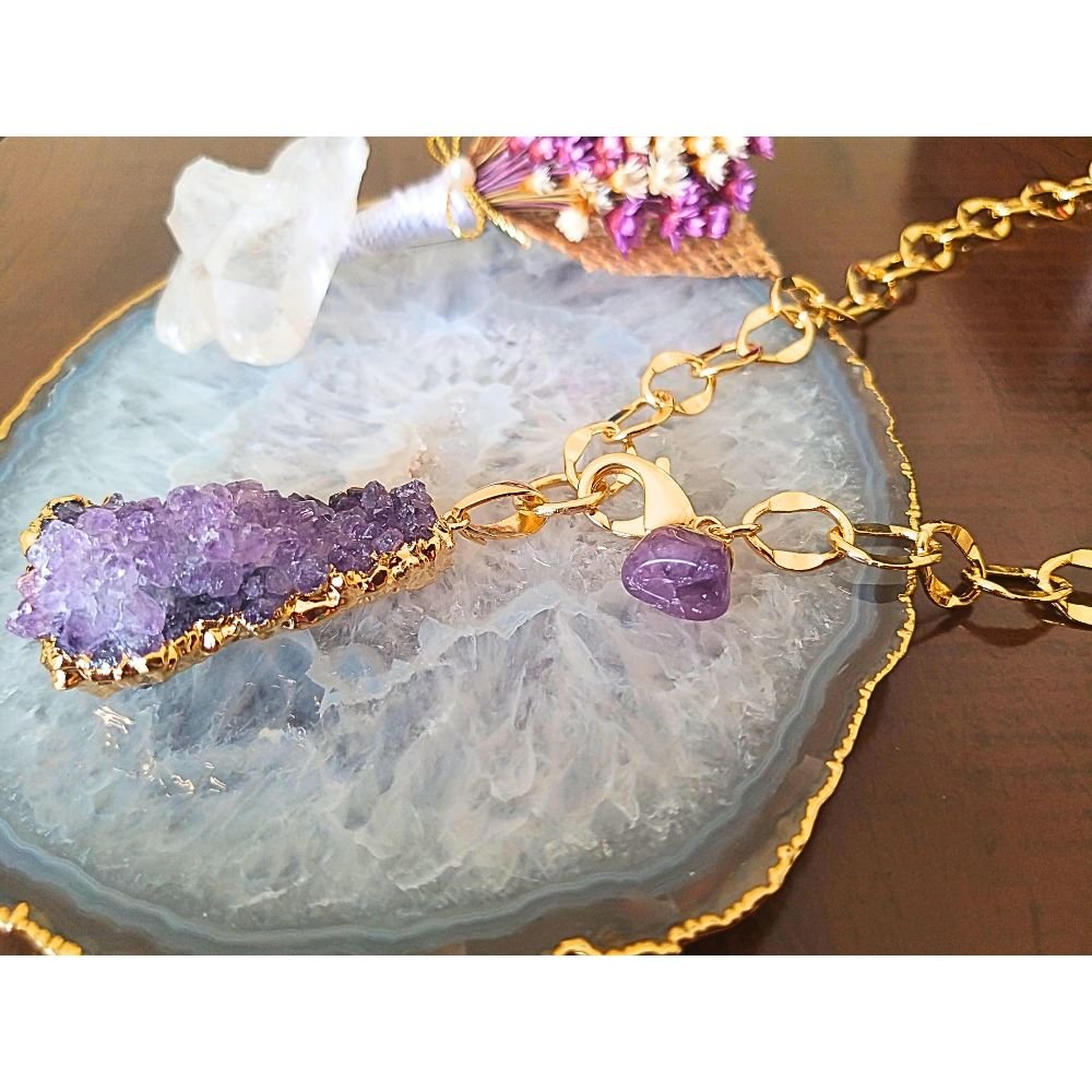 Semijoia - Colar Drusa Natural Ametista e Mini Ametista Rolada - Ouro 18k Dourado 4