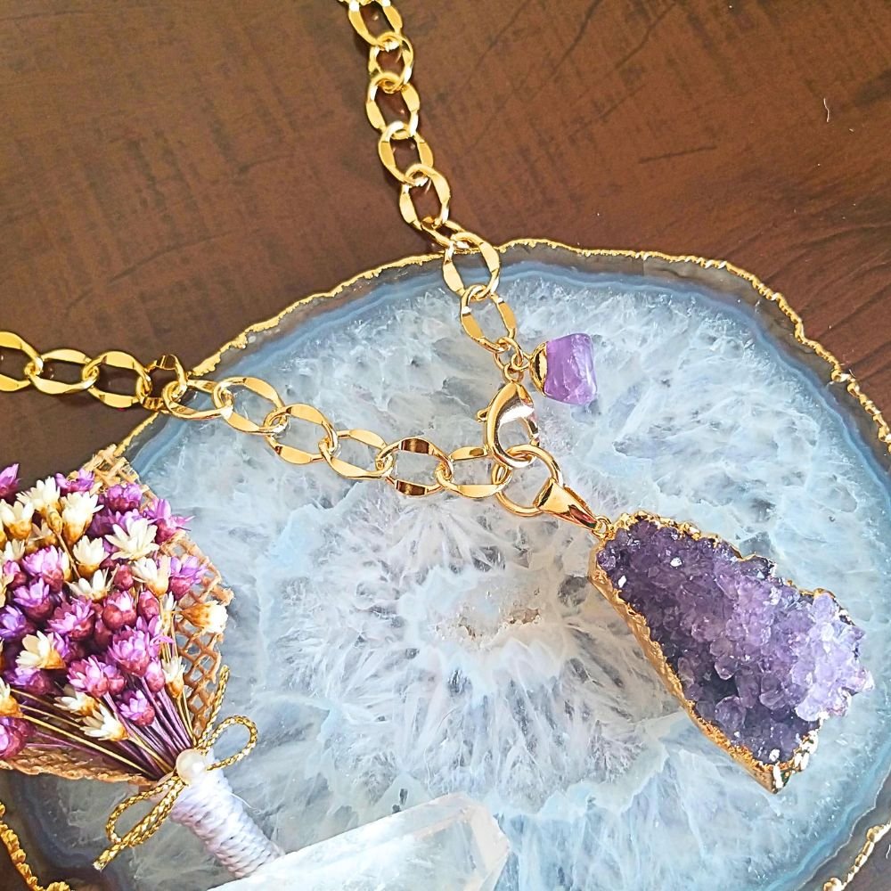 Semijoia - Colar Drusa Natural Ametista e Mini Ametista Rolada - Ouro 18k Dourado 5