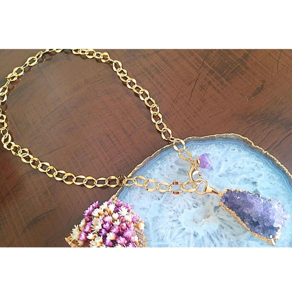 Semijoia - Colar Drusa Natural Ametista e Mini Ametista Rolada - Ouro 18k Dourado 6