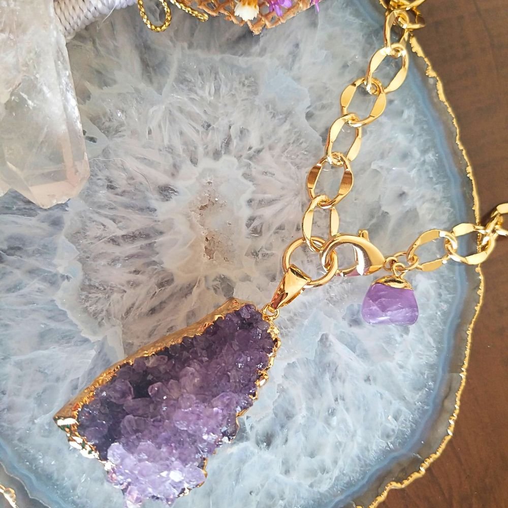 Semijoia - Colar Drusa Natural Ametista e Mini Ametista Rolada - Ouro 18k Dourado 7