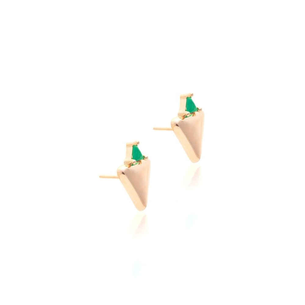 Semijoia - Brinco Pirâmide com Cristal Esmeralda - Ouro 18k Dourado 3