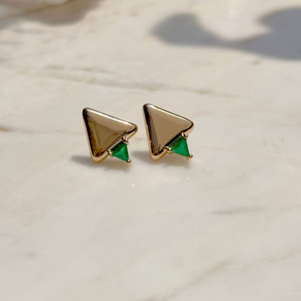 Semijoia - Brinco Pirâmide com Cristal Esmeralda - Ouro 18k Dourado 6
