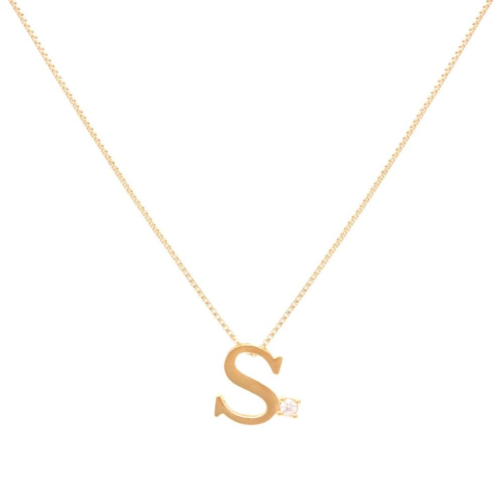 Semijoia - Colar Inicial Letra S com Ponto de Luz - Ouro 18k