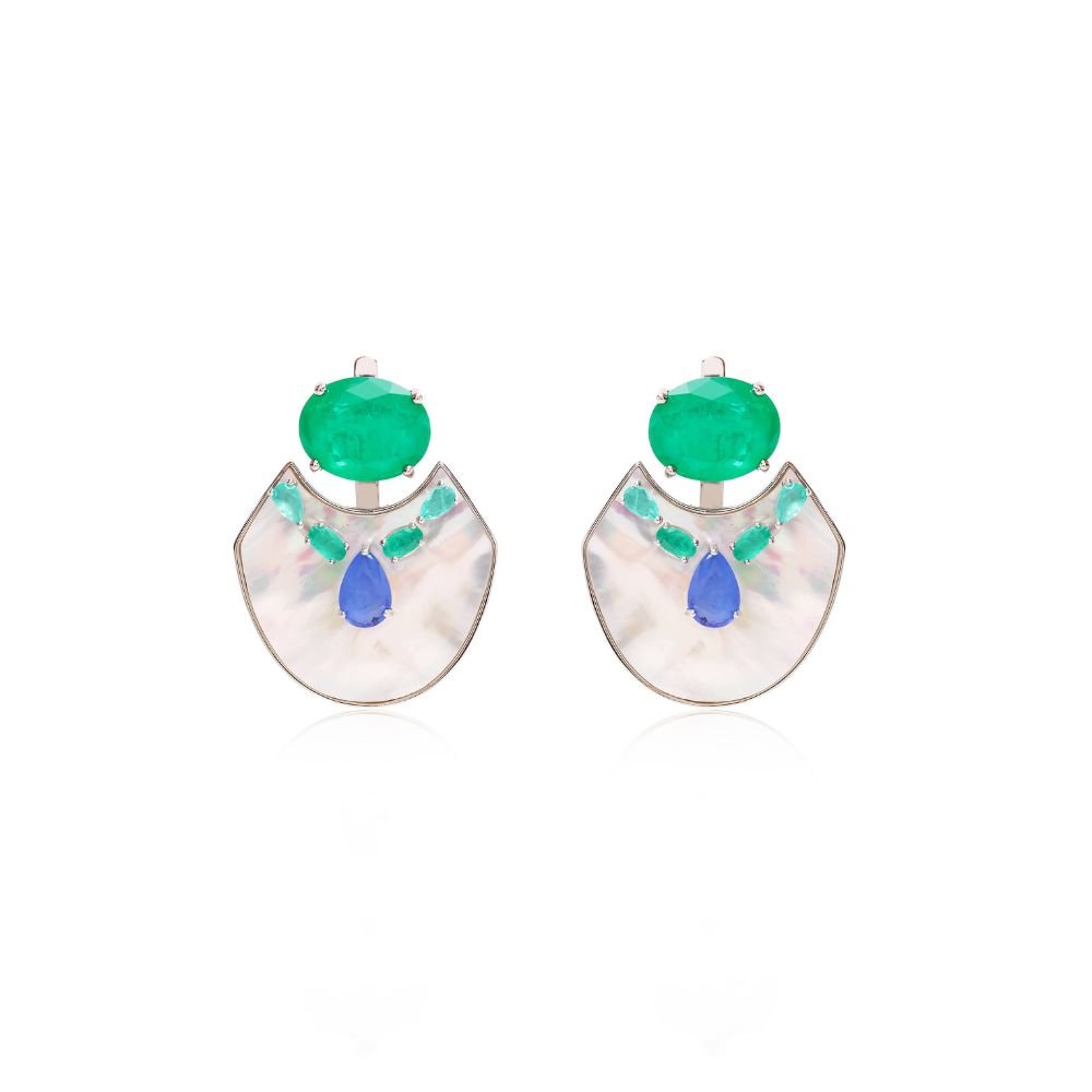 Joia - Brinco Ear Jacket Pêndulo Madrepérola com Fusion Esmeralda e Tanzanita - Prata 925 Banhada no Ródio Branco
