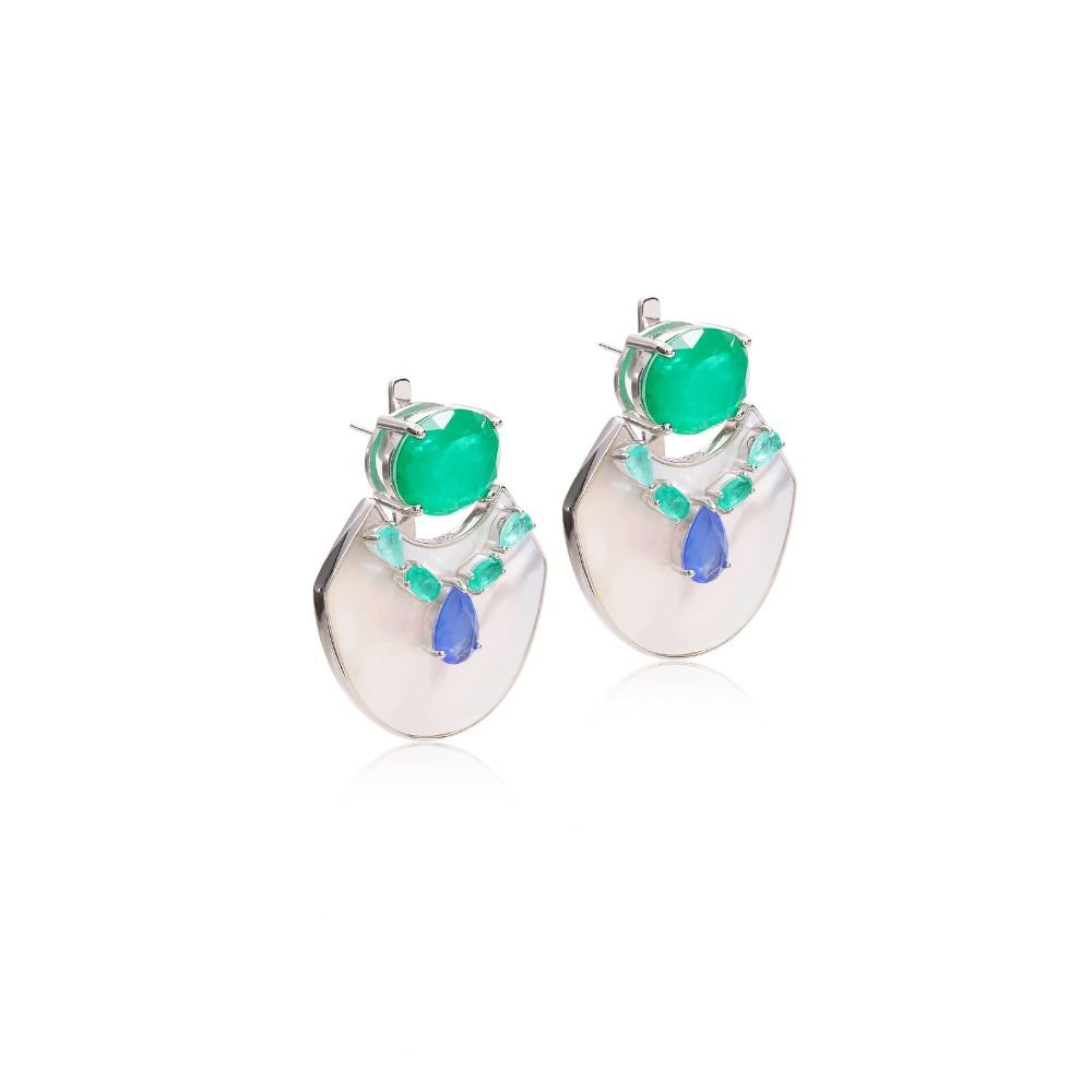 Joia - Brinco Ear Jacket Pêndulo Madrepérola com Fusion Esmeralda e Tanzanita - Prata 925 Banhada no Ródio Branco Prata 2