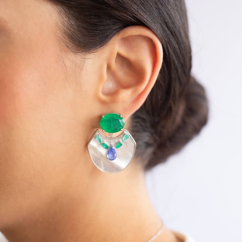 Joia - Brinco Ear Jacket Pêndulo Madrepérola com Fusion Esmeralda e Tanzanita - Prata 925 Banhada no Ródio Branco Prata 3