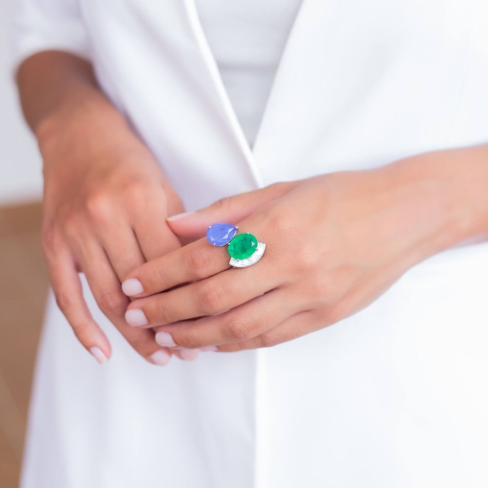 Joia - Anel Encontro Pêndulo Madrepérola com Fusion Esmeralda e Tanzanita - Prata 925 Banhada no Ródio Branco Prata 3