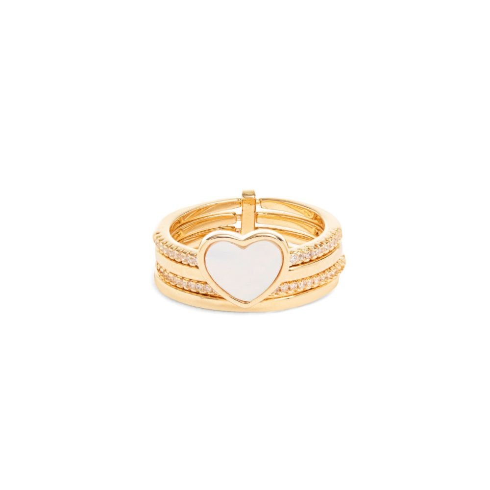 Semijoia - Anel 4 alianças - Coração em Madrepérola e Cristais - Ouro 18k