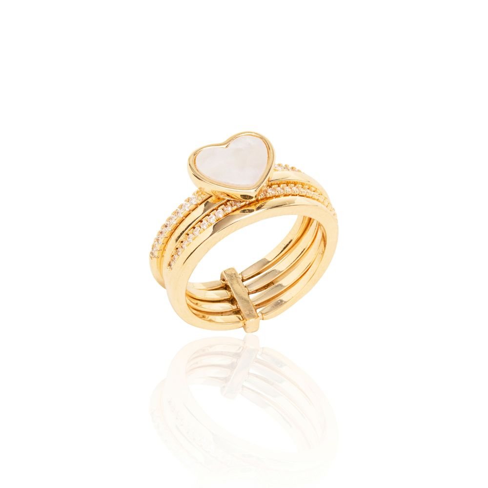 Semijoia - Anel 4 alianças - Coração em Madrepérola e Cristais - Ouro 18k Dourado 2