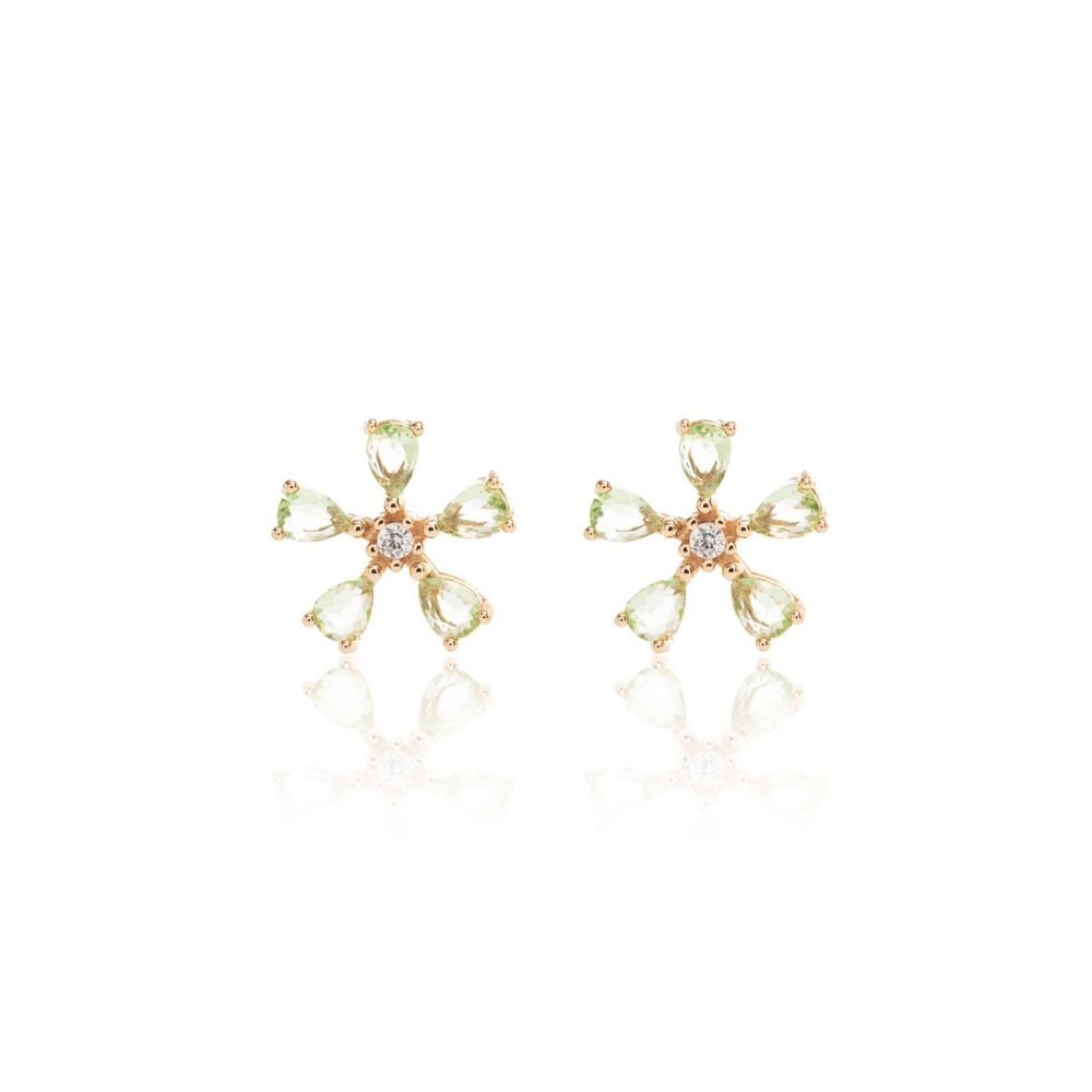 Semijoia - Brinco Flor Pétalas Ametista Verde - Ouro 18k