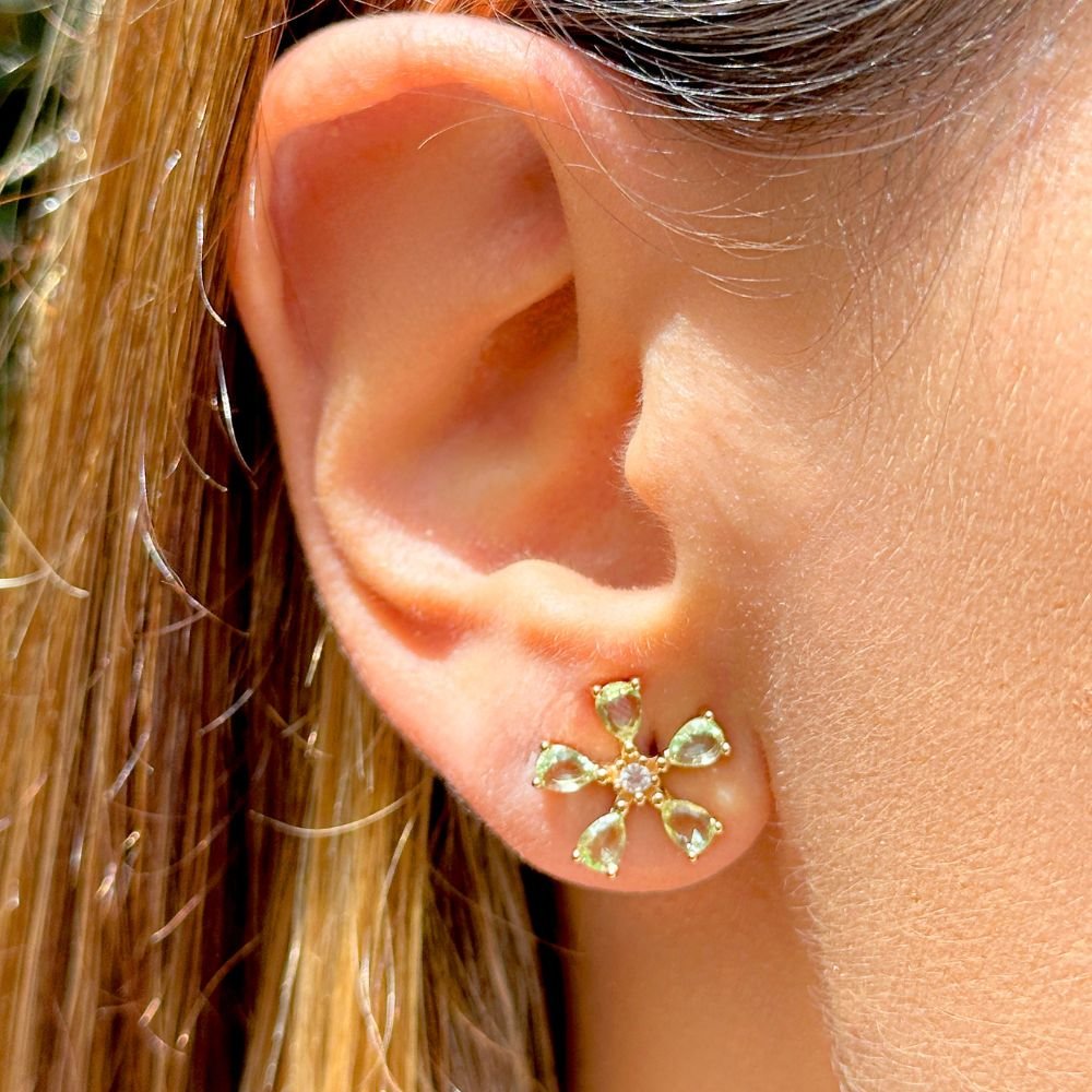 Semijoia - Brinco Flor Pétalas Ametista Verde - Ouro 18k Dourado 3
