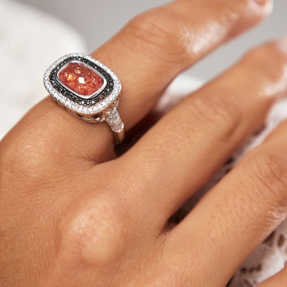 Semijoia - Anel Esplendor Cristal Morganita Com Cristais Brancos e Negros - Ródio Branco Prata 3