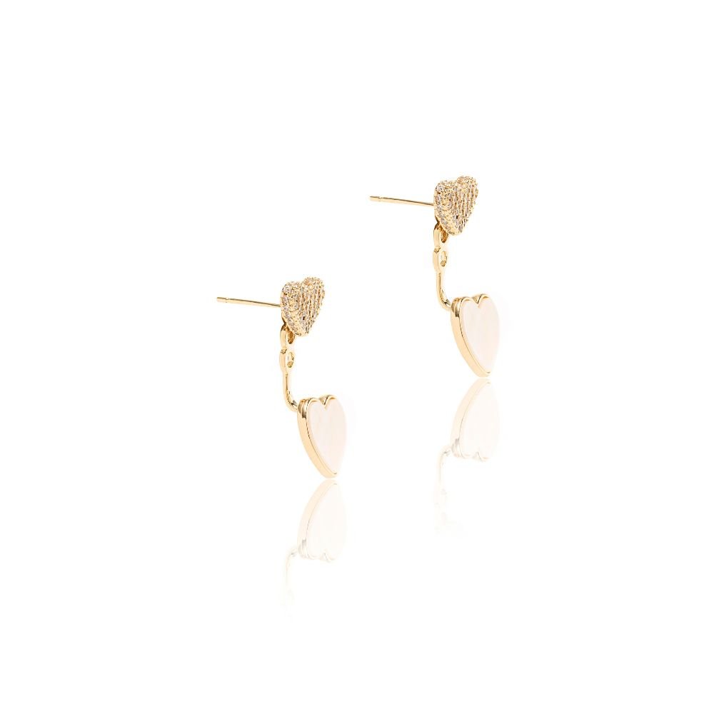 Semijoia - Brinco Ear Jacket Coração Cravejado com Cristais e Madrepérola  - Ouro 18k Dourado 2