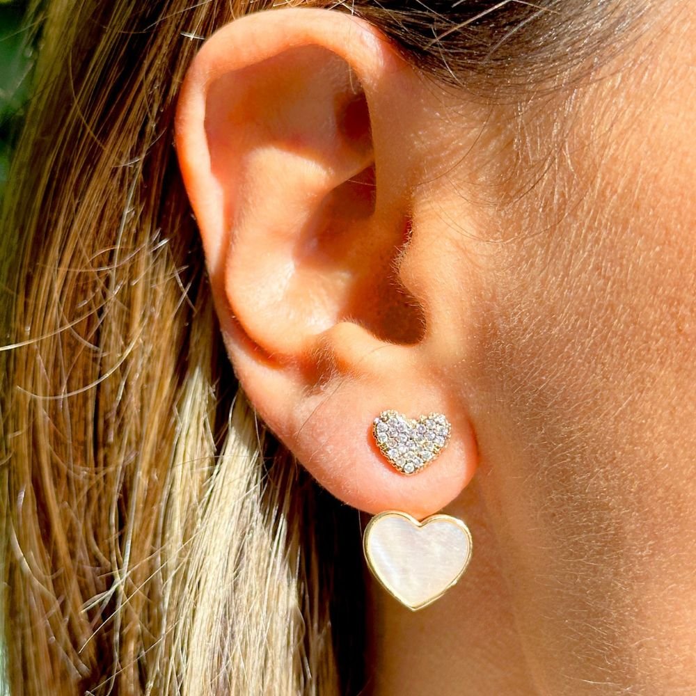 Semijoia - Brinco Ear Jacket Coração Cravejado com Cristais e Madrepérola  - Ouro 18k Dourado 3