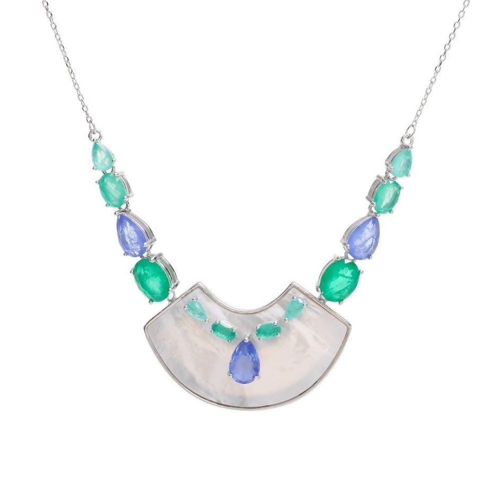 Joia - Colar Pêndulo Madrepérola com Fusion Esmeralda e Tanzanita - Prata 925 Banhada no Ródio Branco