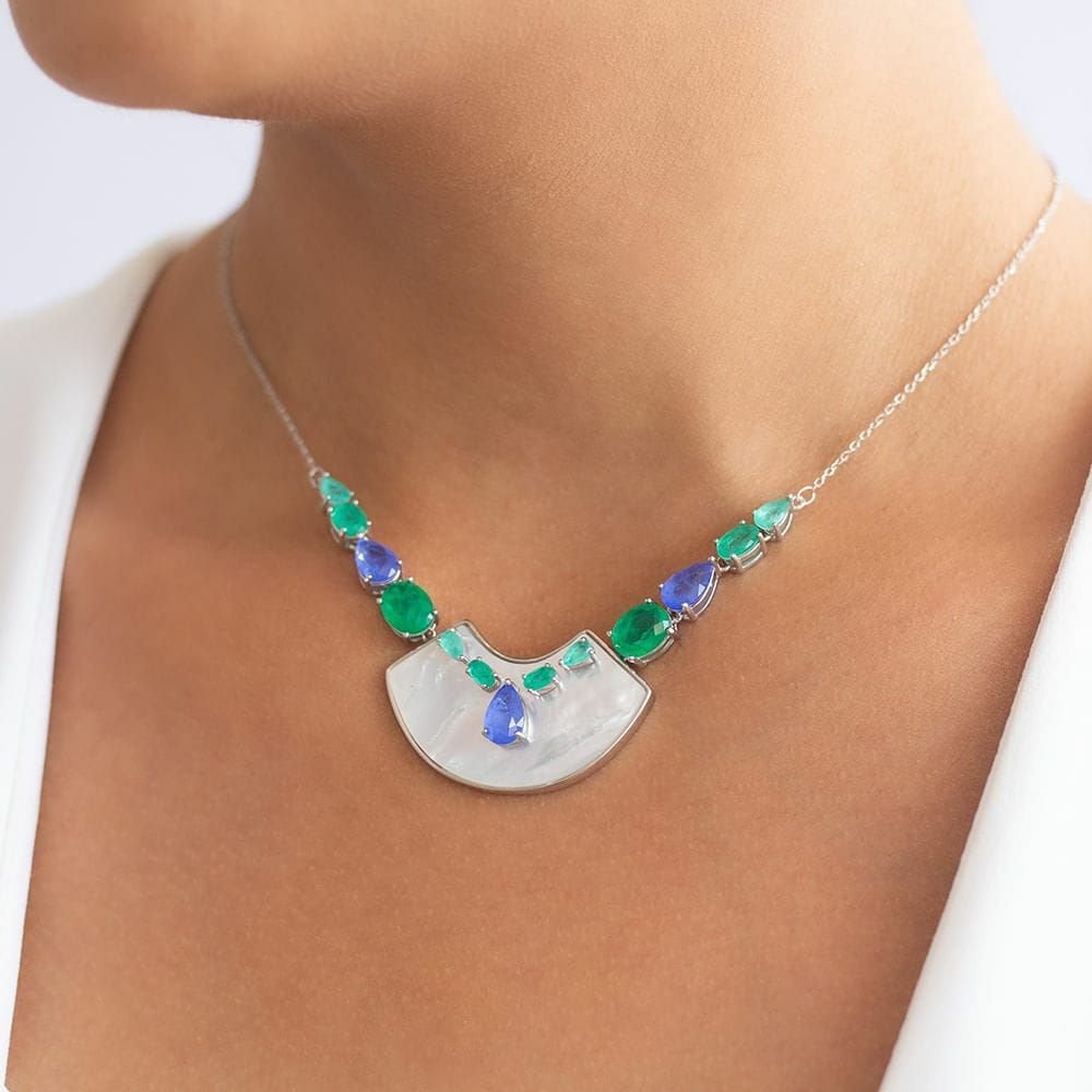 Joia - Colar Pêndulo Madrepérola com Fusion Esmeralda e Tanzanita - Prata 925 Banhada no Ródio Branco Prata 2