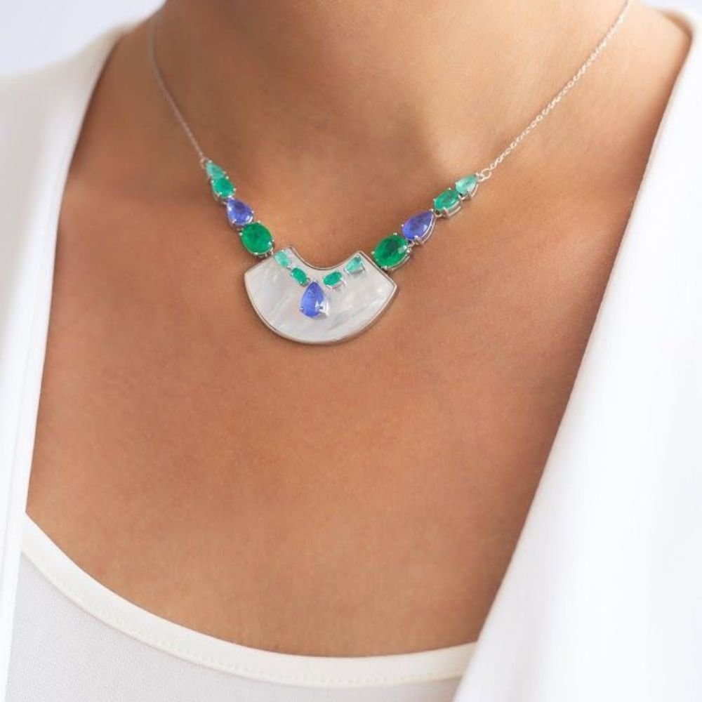 Joia - Colar Pêndulo Madrepérola com Fusion Esmeralda e Tanzanita - Prata 925 Banhada no Ródio Branco Prata 3