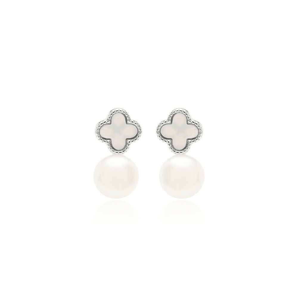 Joia - Brinco Trevo com Pérola de Água Doce Natural e Madrepérola - Prata 925