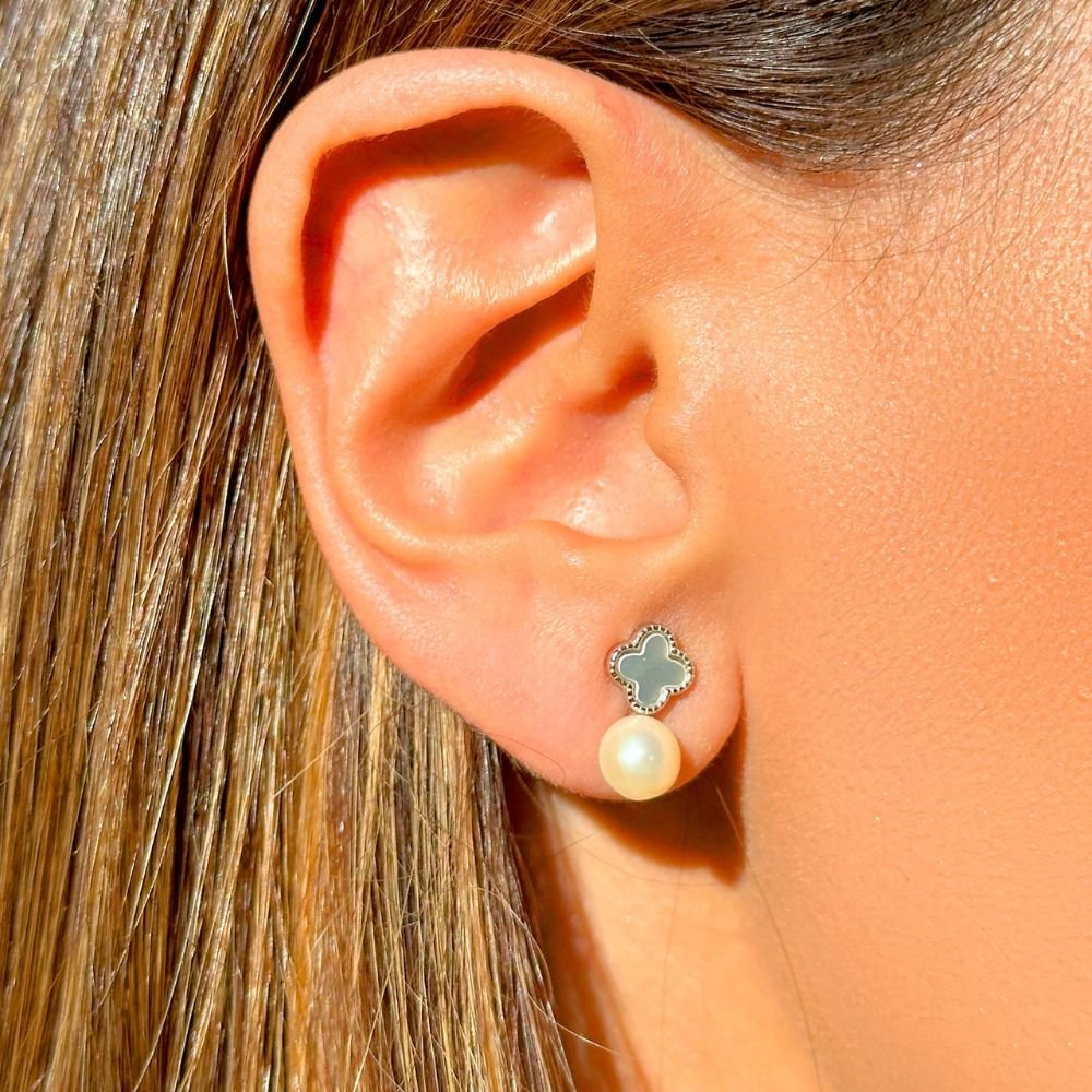 Joia - Brinco Trevo com Pérola de Água Doce Natural e Madrepérola - Prata 925 Prata 3