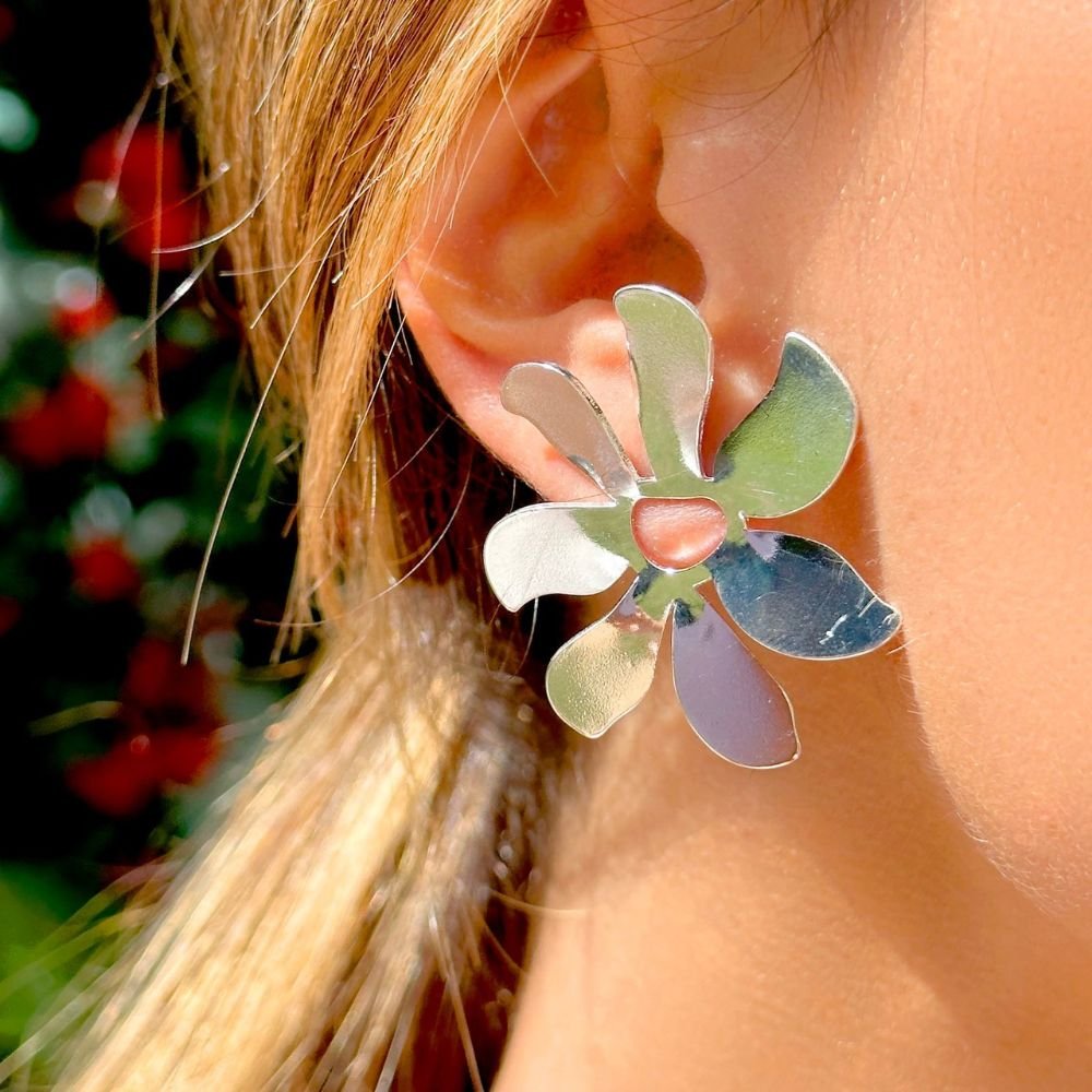 Semijoia - Brinco Flor Grande Pétalas - Prata Nano Silver Prata 3