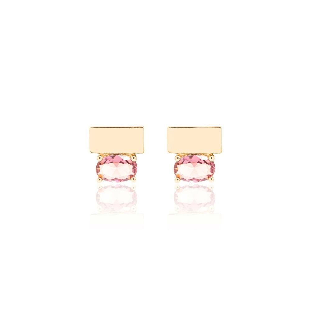 Semijoia - Brinco Cristal Rodolita com Placa - Ouro 18k