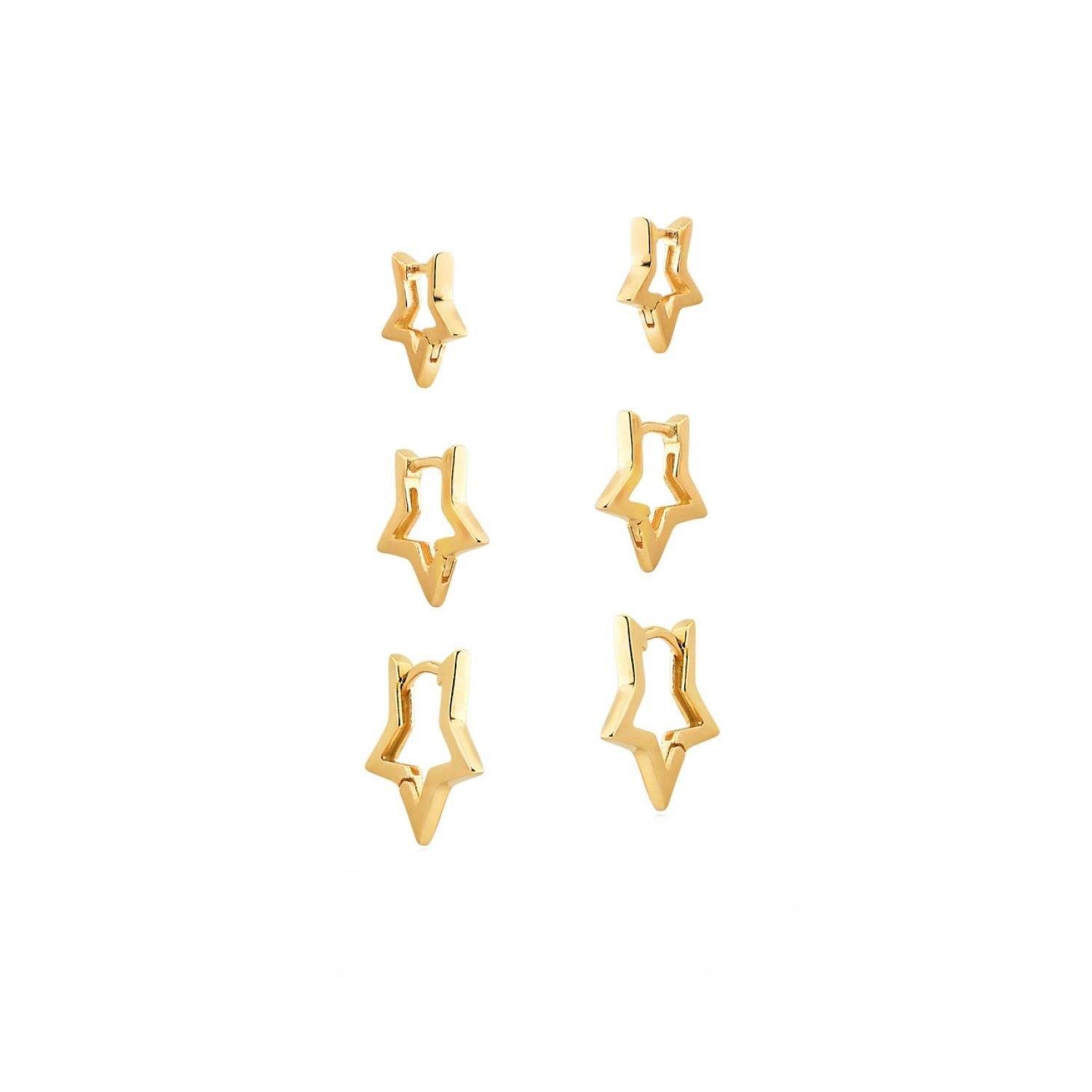 Brinco Trio Argolas Estrelas Lisas Banhado a Ouro 18k