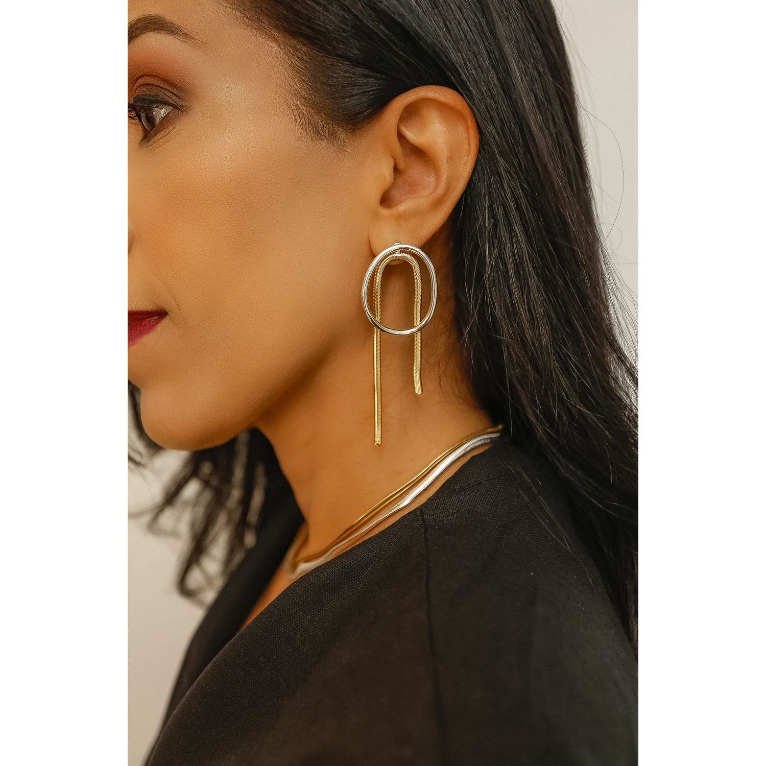 Brinco Franja Removível Dois Banhos Dourado/Prata 2