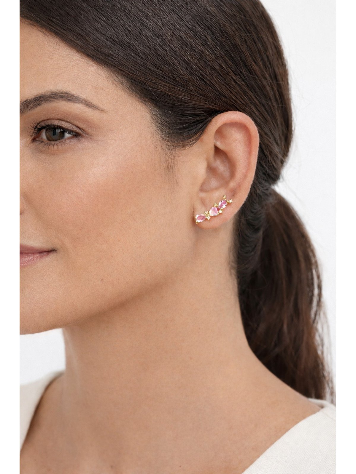 Brinco Earcuff Zirconias Rosas  Banhado a Ouro 18k Dourado 2