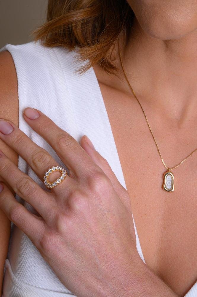 Anel Todo Cravejado Incolor com Banho em Ouro 18k Dourado 2