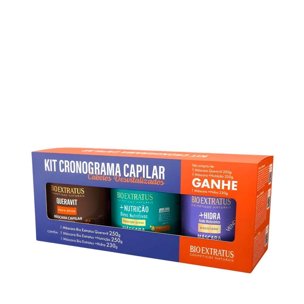 Kit Cronograma Capilar Bio Extratus Máscara Queravit 250g + Máscara +Nutrição 250g + Ganhe Máscara +Hidra 230g