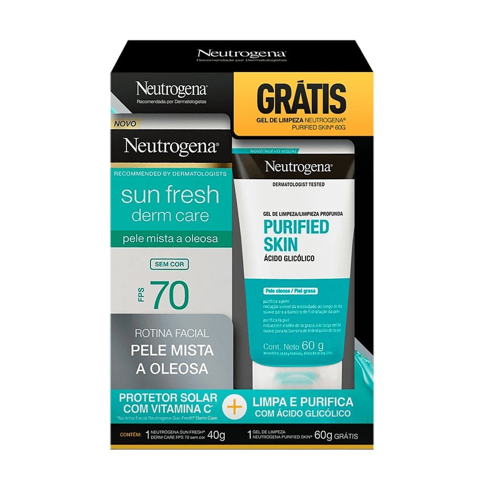 Kit Neutrogena Protetor Solar Facial Sun Fresh Derm Care FPS 70 Sem Cor 40g + Gel de Limpeza Purified Skin 60g