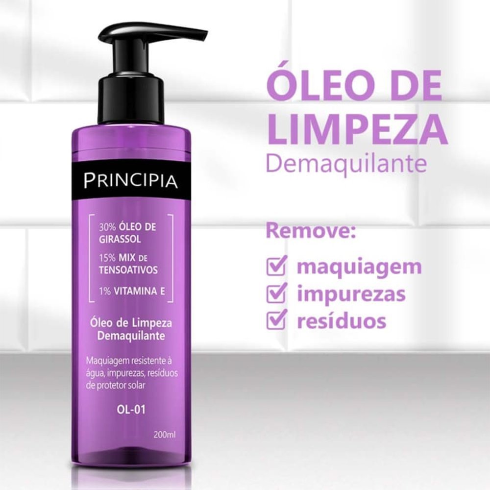 Óleo de Limpeza Demaquilante Principia 30% Óleo de Girassol + 5% Mix de Tensoativos + 1% Vitamina E OL-01 200ml 200ml 3