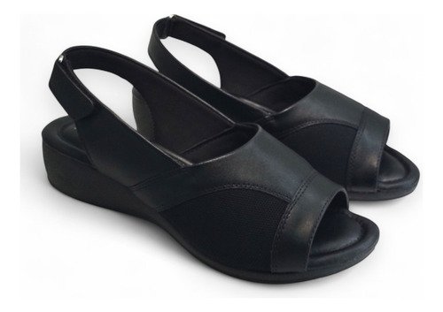 Sandalia Feminina Anabela Salto Baixo Joanetes Confortavel Calce Facil Preto 2