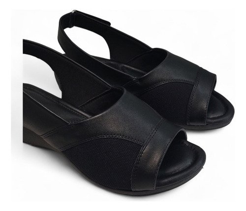 Sandalia Feminina Anabela Salto Baixo Joanetes Confortavel Calce Facil Preto 4